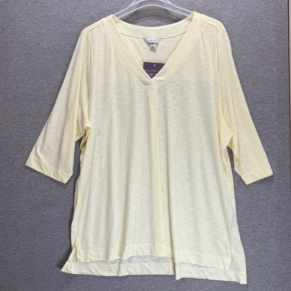 CJ Banks Top Women 3X Pale Yellow V-Neck Slub Cotton Modal Sheer Casual Relaxed